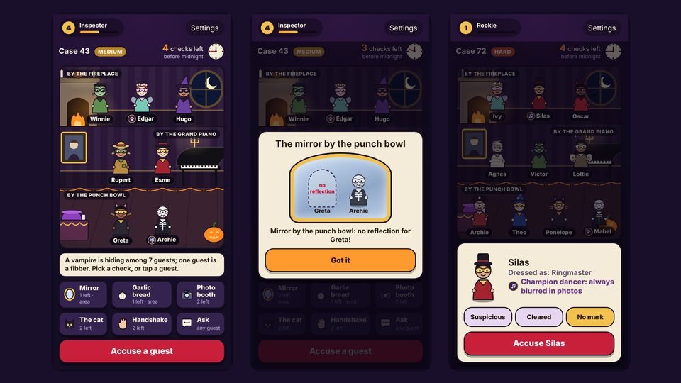 Phone screens of a case: the party room, a mirror check showing one guest with no reflection, and a guest card with Suspicious and Cleared marks.