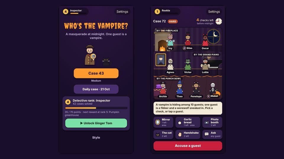 The home screen with the Detective rank, and a busier case with ten guests in three parts of the room.